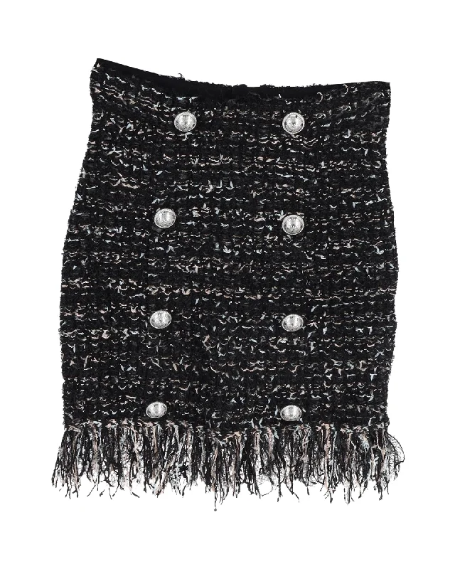 Balmain 8-Button Fringed Tweed Skirt in Black Viscose