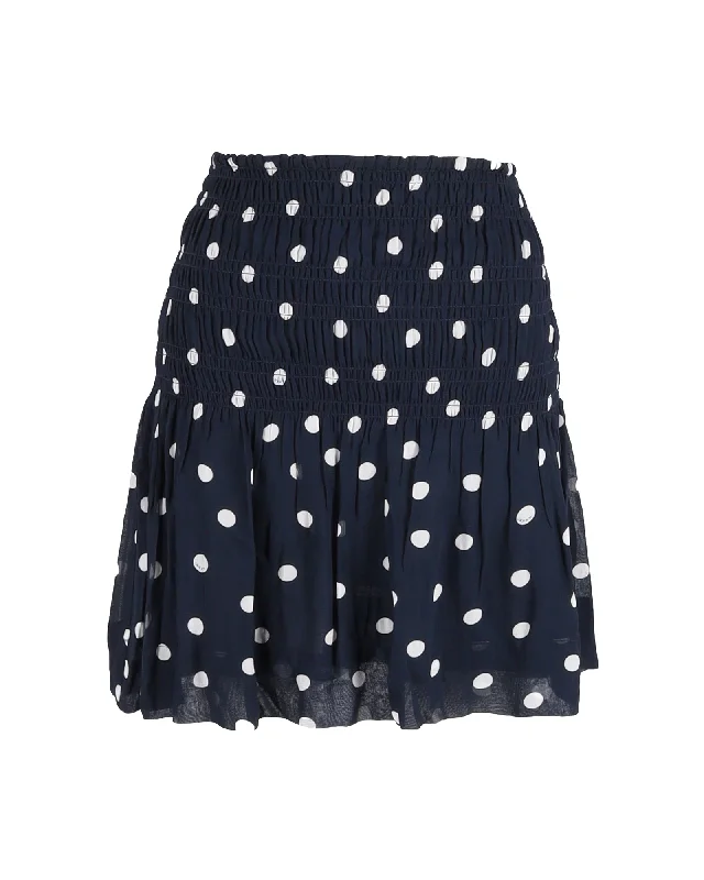 Ganni Smocked Polka-Dot Mini Skirt in Navy Blue Viscose