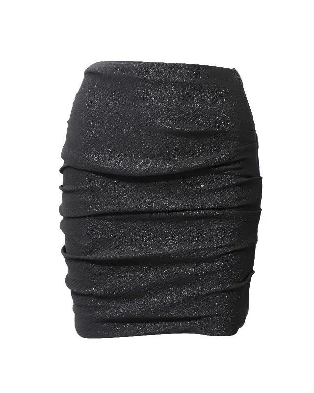 Maje Gathered Glittery Mini Skirt in Metallic Black Polyester