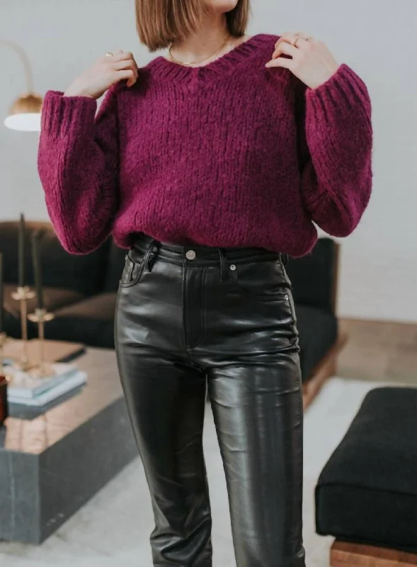 50S V Neck Pullover Sweater In Plum