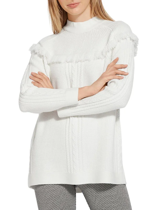 Get Away Womens Fringe Cable Knit Pullover Sweater