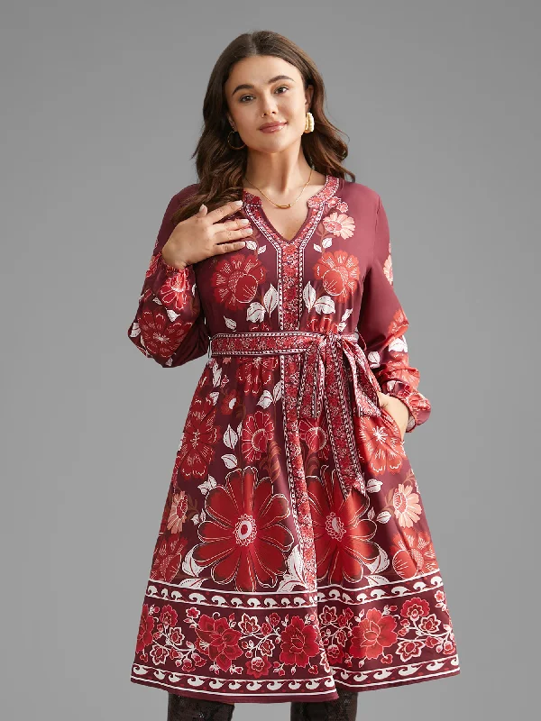 Boho Print Belted Lantern Sleeve Dress