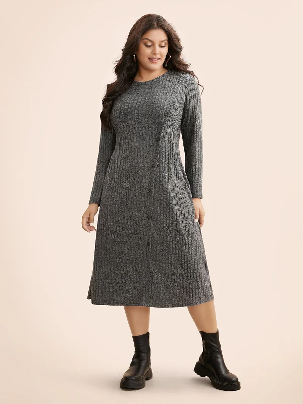 Crew Neck Button Detail Slim Fit Dress