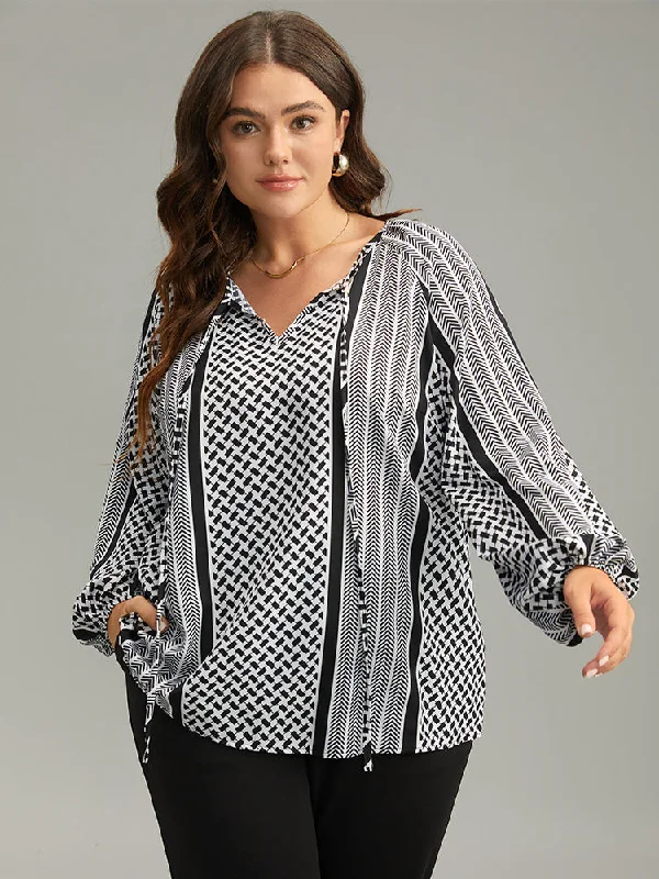 Geo Striped Tie Lantern Sleeve Blouse