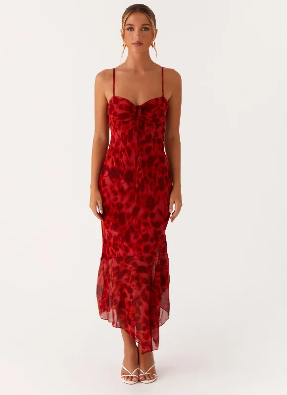 Sally Midi Dress - Deep Red Floral